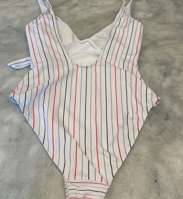 Red White Blue Striped Faux Wrap One Piece Swimsuit - Image 4