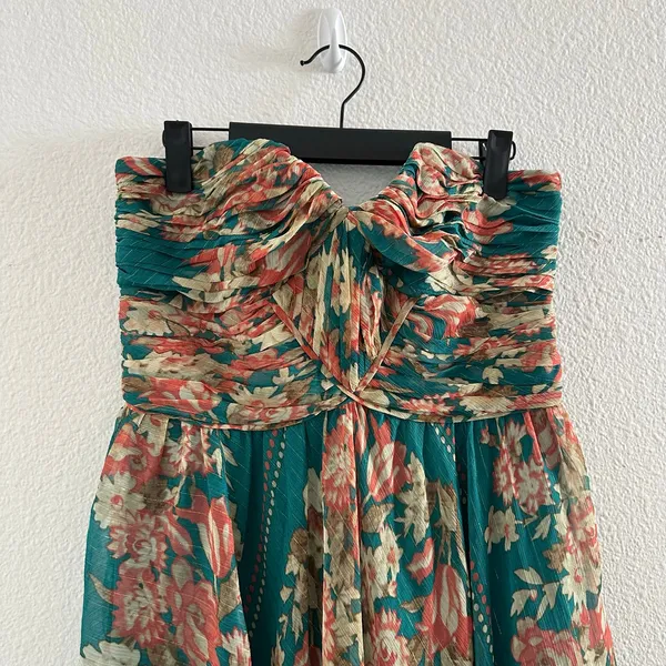 Y2k strapless Teal Floral Mariselle Garden Drape Midi Dress - Image 3