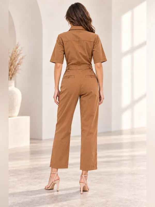 Nordstrom Camel Brown Stretch Denim Utility Jumpsuit Short Sleeve Zip Front S NEW - Image 3