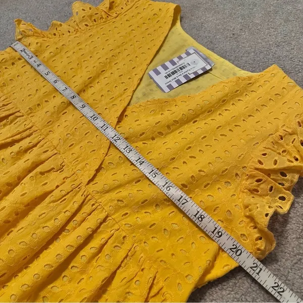 Women’s Yellow Eyelet V-Neck Mini Dress - Image 9