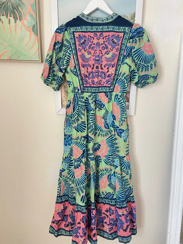 Farm Rio Short Sleeve Tiered Floral Midi Dress in Size Small Anthropologie - Image 10