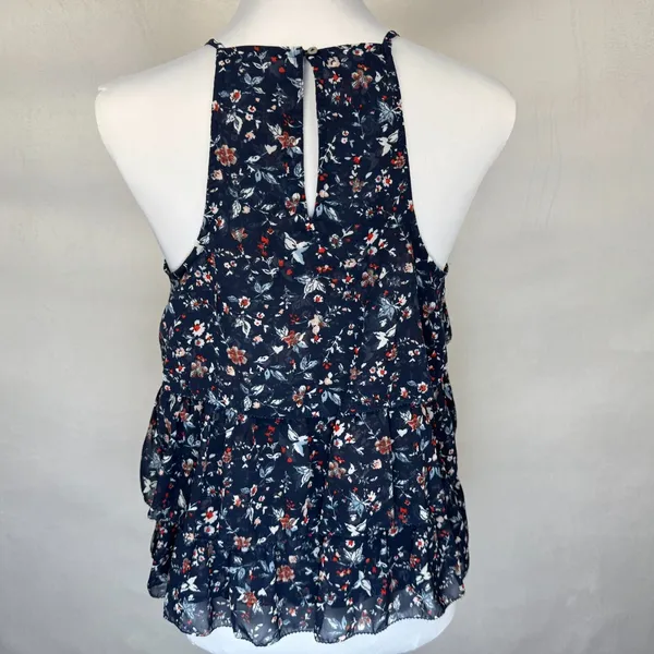 Abercrombie & Fitch Tank Sz S Navy Sheer Floral Ruffled Lace Trim Racerback - Image 4
