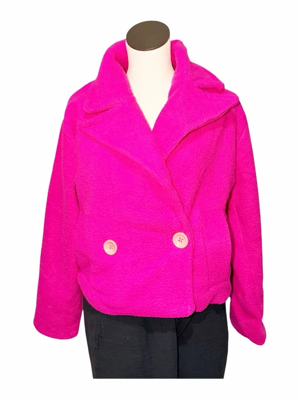 NWOT ZARA Pink / Fuchsia Faux Fur Teddy Boucle Coat Jacket Double Breasted M - Image 2