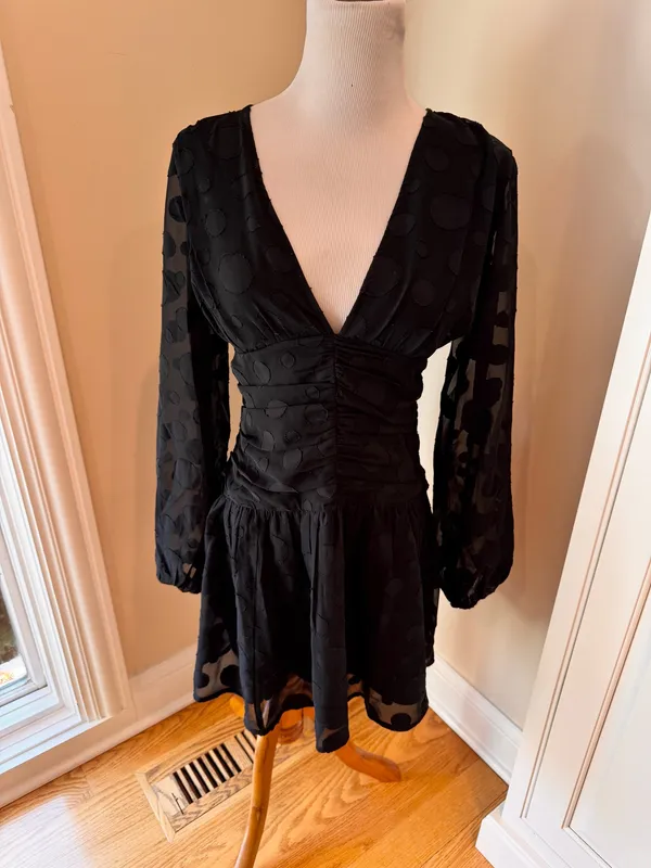 ASOS Black Sheer Dot Dress Vneck Mini 6 S Cocktail LBD - Image 2