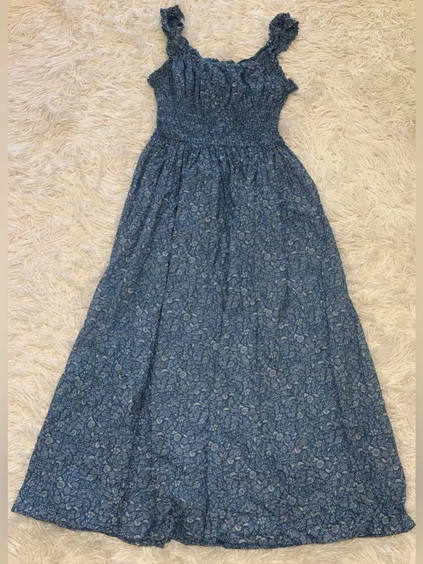 NEW DÔEN Ditsy Floral Organic Cotton Smocked Midi Blue Garden Bloom Dress sz XS - Image 10