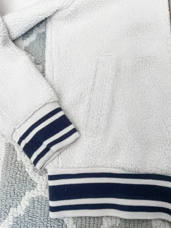 Cream Sherpa Bomber Varsity Jacket - Image 9