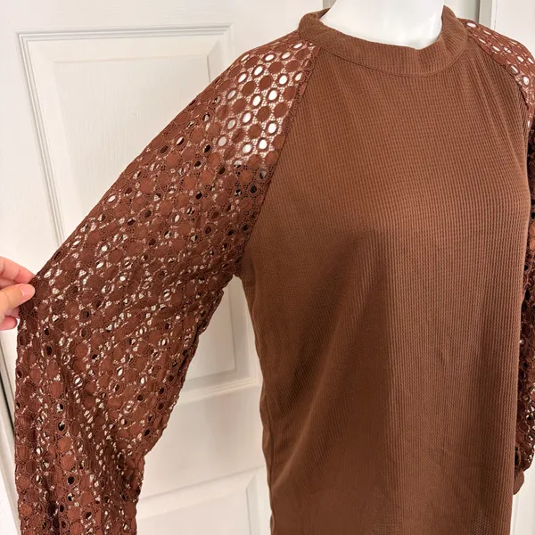 Miholl brown lace long sleeve waffle-knit top - Image 3