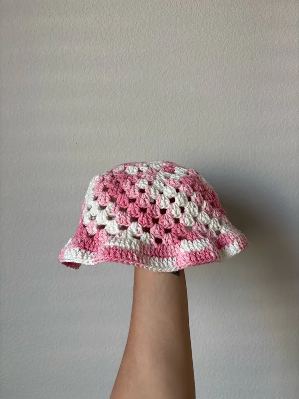 Handmade Crochet Pink & White Bucket Hat - Image 2