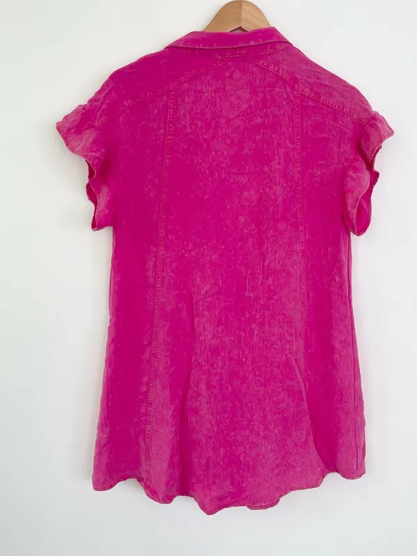 Umgee Hot Pink Ruffle Sleeve Collared Mini Shirt Dress S Small Barbiecore Boho - Image 4
