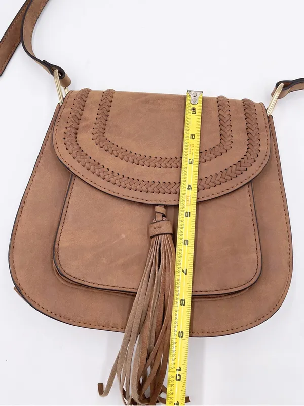 Franco Sarto Tan Faux Suede Leather Crossbody Saddle Bag Purse Fringe Boho - Image 12
