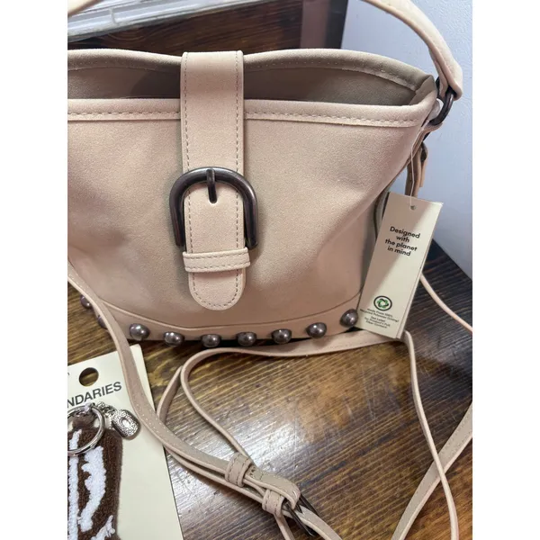 No‎ Boundaries Taupe Studded Faux Suede Moto Bucket Bag And Bag Charm - Image 2