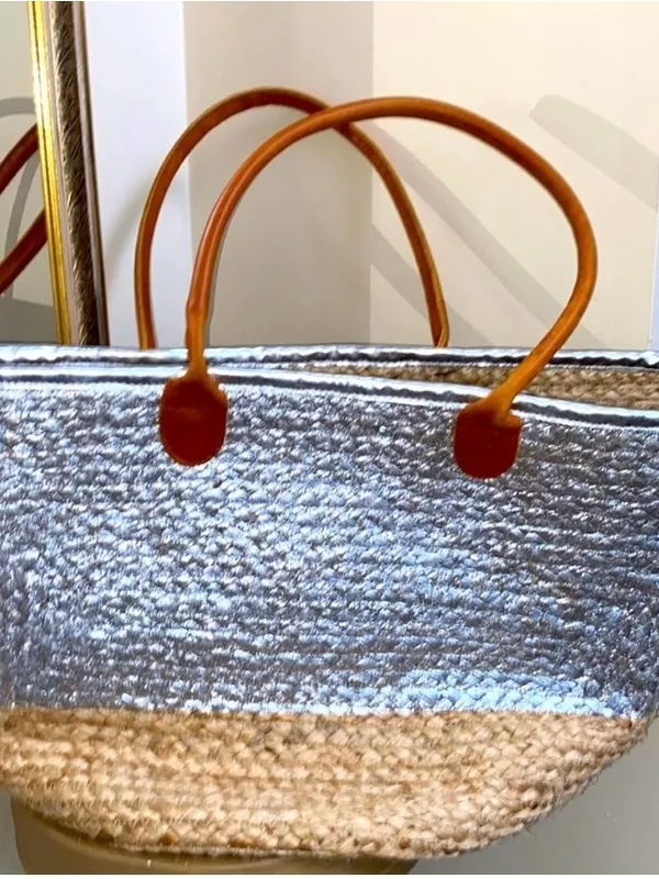 Metallic Silver & Natural Jute Tote with Tan Handles - Image 8