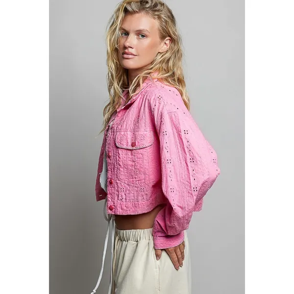 POL Eyelet Textured Cotton‎ Cropped Button-Front Jacket - Candy Pink - Large - Image 2