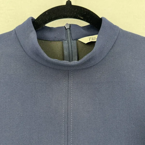 Zara Women M Navy Mock Neck Top Side Buttons Flared Sleeve Quiet Luxury Modern - Image 3