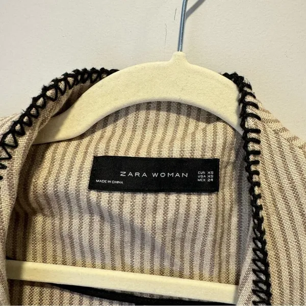 Zara Woman 100% Linen Striped Duster Coat Whipstitch Trim Beige XS Open‎ Front - Image 13