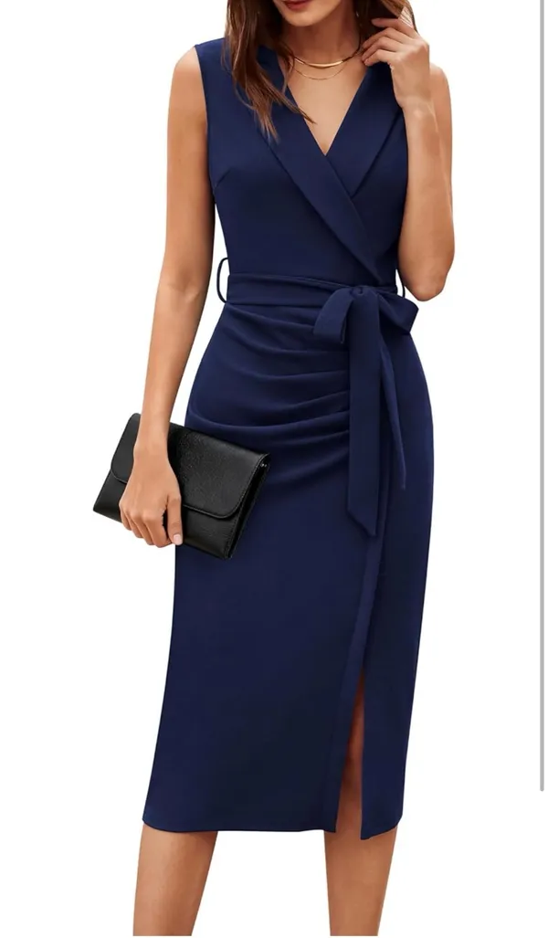 GRACE KARIN Women's Wear to Work Sleeveless Ruched Bodycon Office Pencil Midi Dresses with Belt - Image 5
