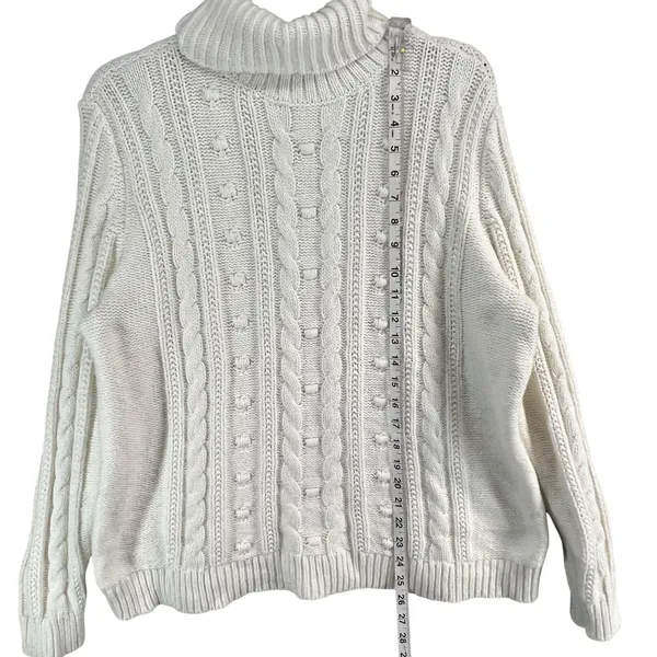 Lands End Sweater‎ Womens L Petite Cream Cable Knit Fisherman Turtleneck Cozy - Image 7