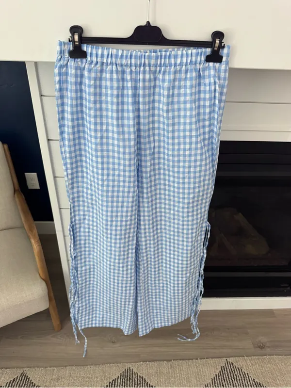 Rosa Clothing Y2K Blue Gingham Bow Tie Side Slit Wide Leg Pants New Large - Image 4
