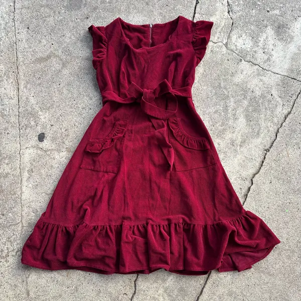 Vintage ruffle corduroy red dress size XS/S - Image 2