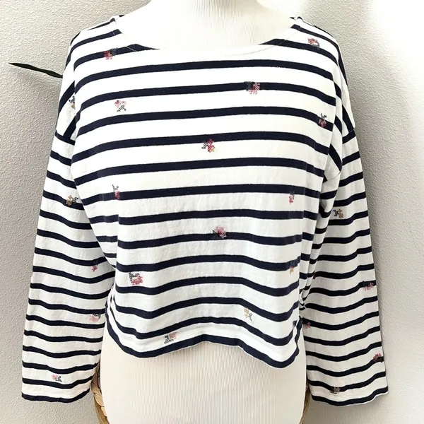 Madewell Shirt Striped Embroidered Floral Cropped Bell Sleeve Tee Stripe Coastal - Image 5