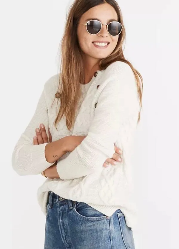 Madewell Button Detail Cable Knit Pullover Sweater - Image 3