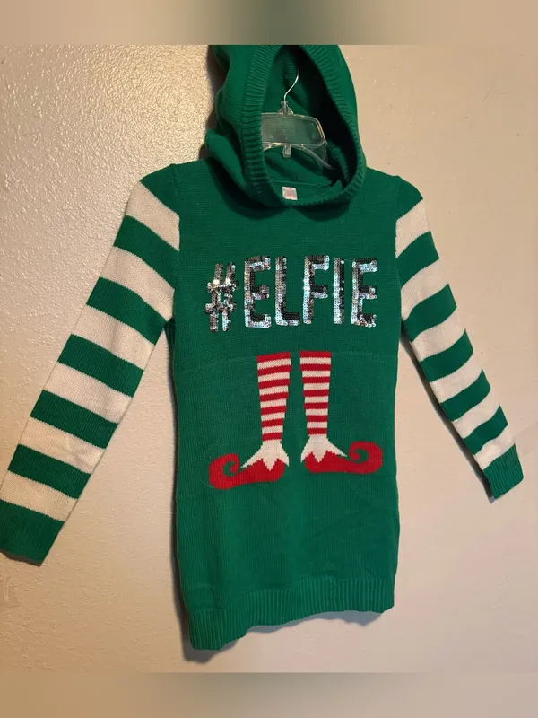 No Boundaries Small #ELFIE Elf Hooded Ugly Christmas Sweater Sequin - Image 4