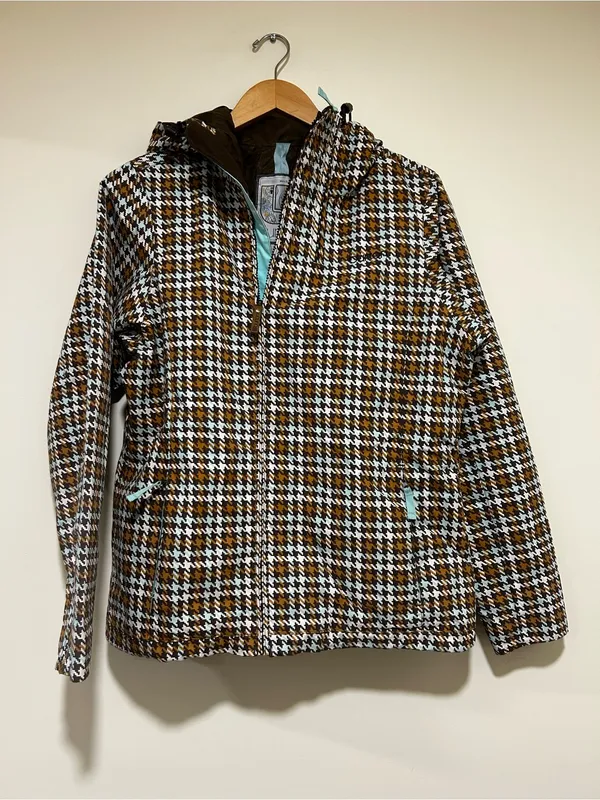 Burton Womens Vintage Houndstooth Plaid Snowboard Ski Jacket Blue Brown Medium - Image 2