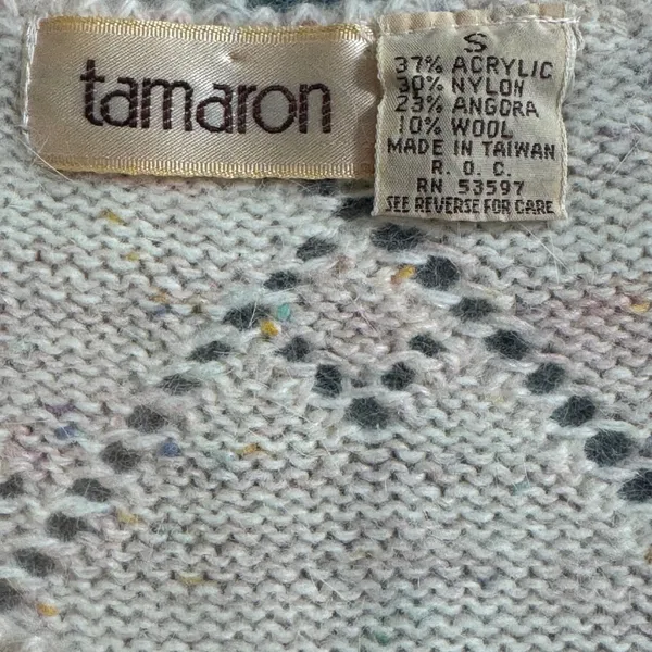 VTG Cream Confetti Diamond Pointelle Angora Wool Summer Knit Sweater Cottagecore - Image 4