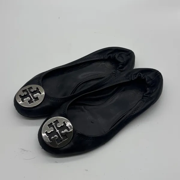 Tory Burch Minnie Travel Ballet Flats Black Leather Silver Logo Medallion - Image 3