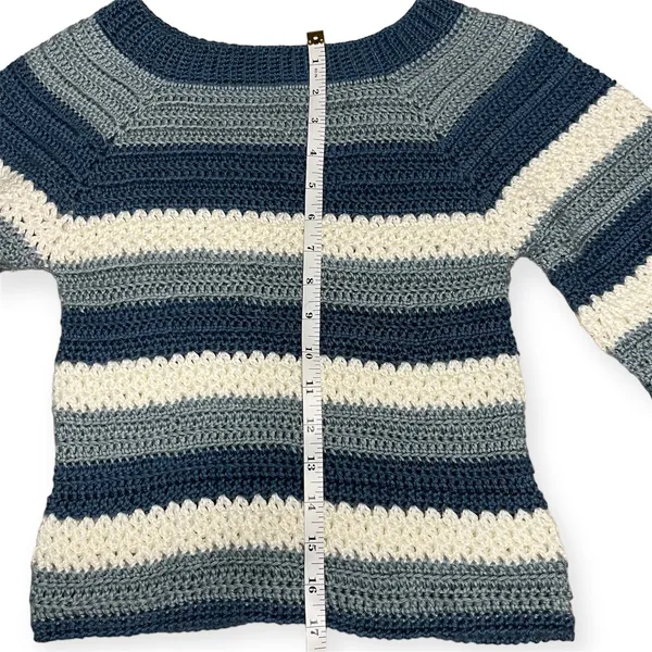 Blue White Crochet Y2K Striped Sweater Flare Sleeve Handmade XS Small‎ Winter - Image 2