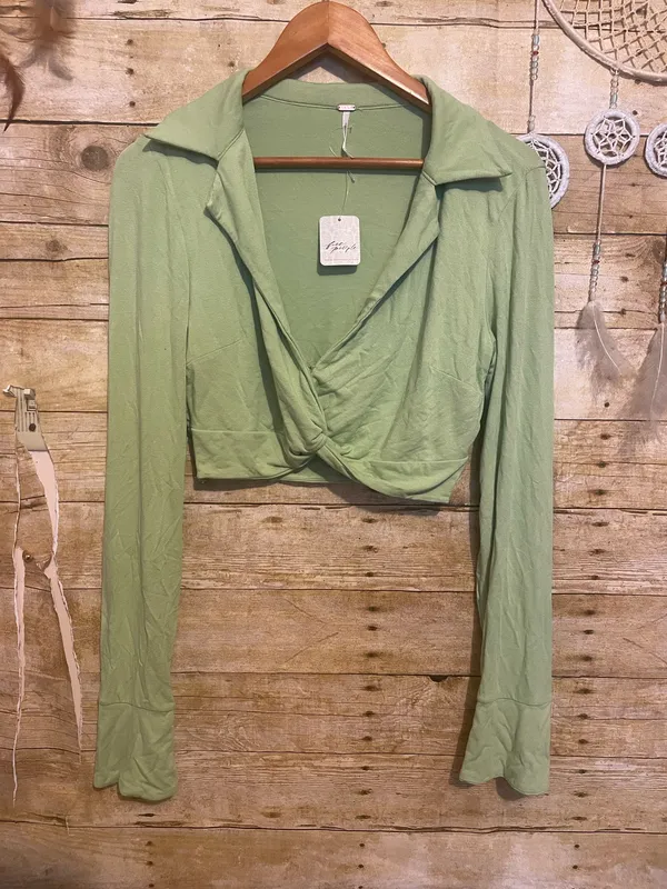 Free People Clara Ruched Long Sleeve in the "La Pera" sage green color - Image 5