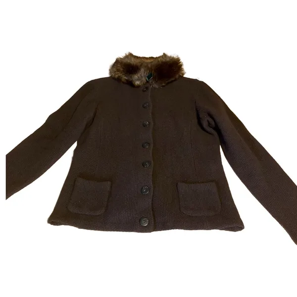 Vtg Y2k Lauren Ralph Lauren Brown Lambswool W/Faux Fur Collar Cardigan (L) - Image 9