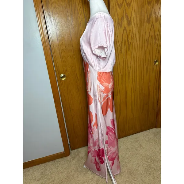 Anthropologie Pink Floral Short Sleeve Maxi Slip Dress Side Slit Tropical - Image 4