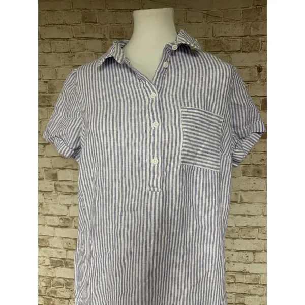 Garnet Hill Suns Out linen relaxed popover shirt dress striped purple Medium - Image 3