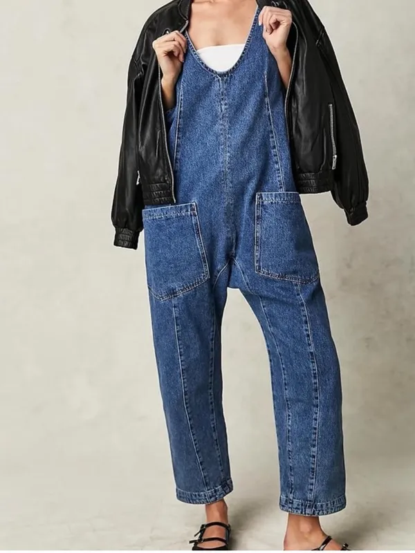 Free People Women's High Roller Jumpsuit Blue Denim Size Medium M - Image 4