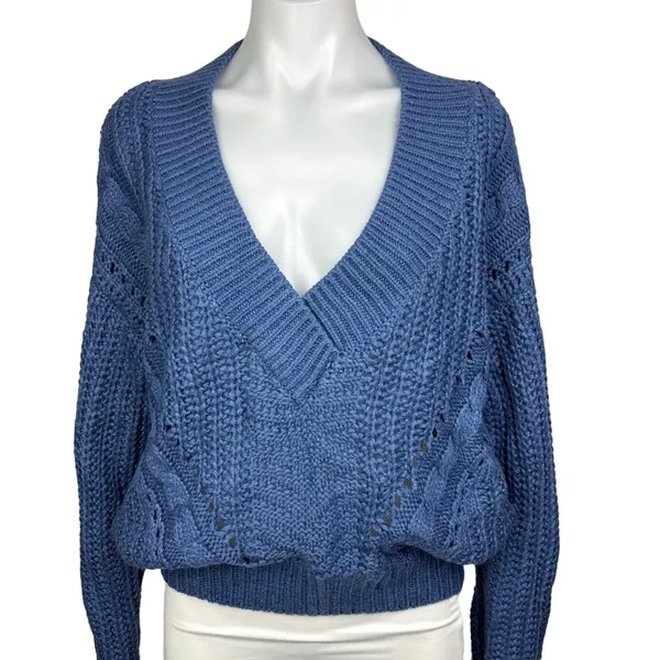 Urban Outfitters LARGE Blue Chunky Cable Knit Long Sleeve V-Neck Sweater Top - Image 4
