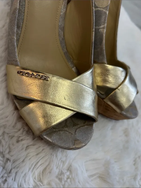 Coach Jessy Gold Metallic Canvas Logo Wedge Heeled Sandals - Image 10