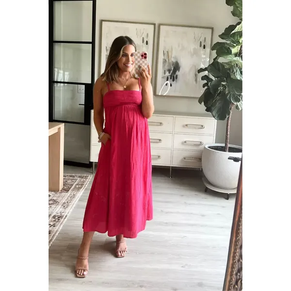 Abercrombie & Fitch Pink Babydoll Crinkle Textured Maxi Dress w/ Pockets XL Tall - Image 3