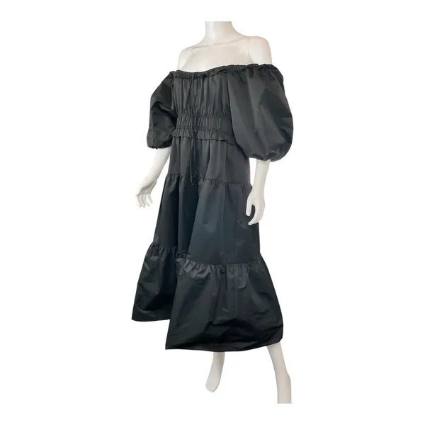 THML Black Puff Sleeve Tiered Midi Dress‎ Ruffle Off Shoulder Party - Image 2
