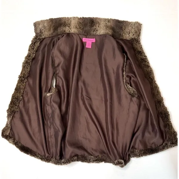Betsey Johnson Brown Faux Fur Vest sz‎ Large Striped Retro Fully Lined - Image 9