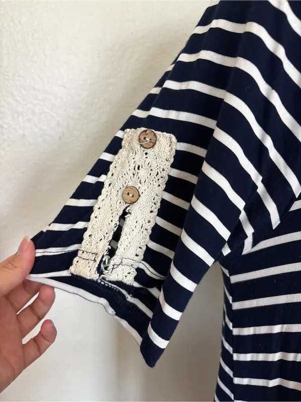 Exist Navy Blue & White Short Sleeve Striped Crochet Accent Button Back T-Shirt Dress - Image 5
