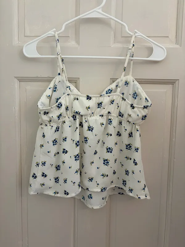 Babydoll tank top white/blue floral ribbon coquette Y2K sewn in bra pads size small - Image 2