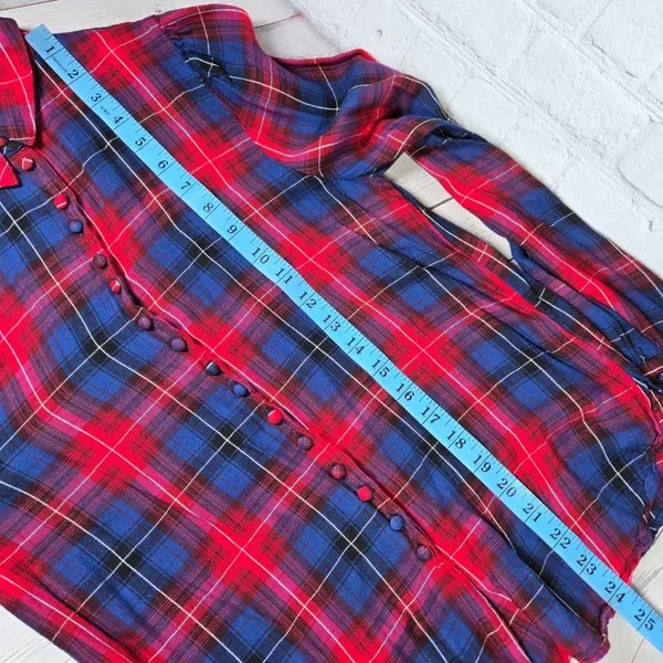 Mango MNG Basics Womens Annie Red Blue Plaid Long Sleeve Button‎ Up Shirt Size 4 - Image 7