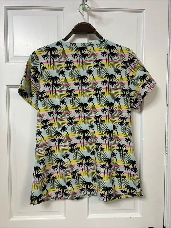 Scrub Joy Women's Short Sleeve Palm Print V-Neck Top - Multi Yellow Pink Black - Image 3