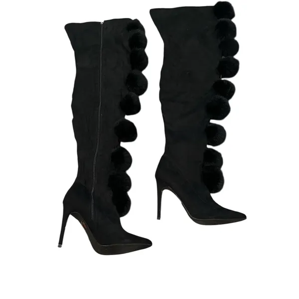 Cape Robbin Black Pom-Pom Knee-High Stiletto Boots 8.5 - Image 5