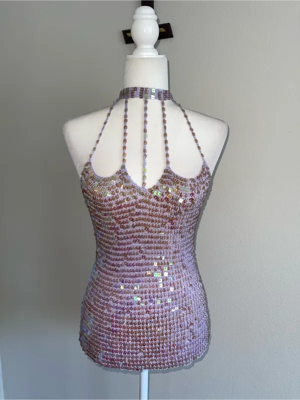 Sequined Lilac Crochet Halter Dress Top - Image 3