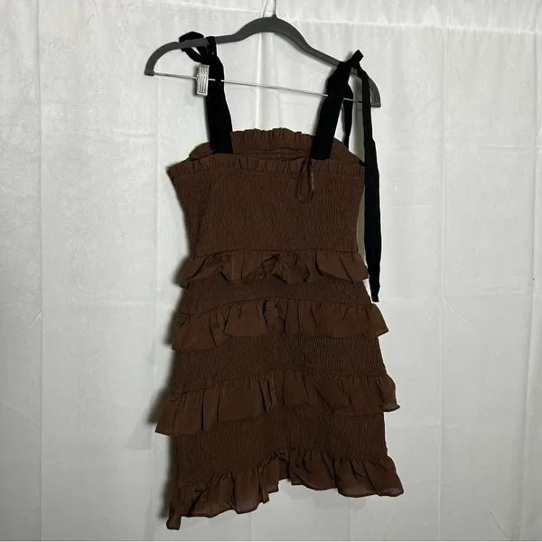 Endless Rose Brown Ruffle‎ Smocked Tie Shoulder Mini Dress Size XS - Image 3