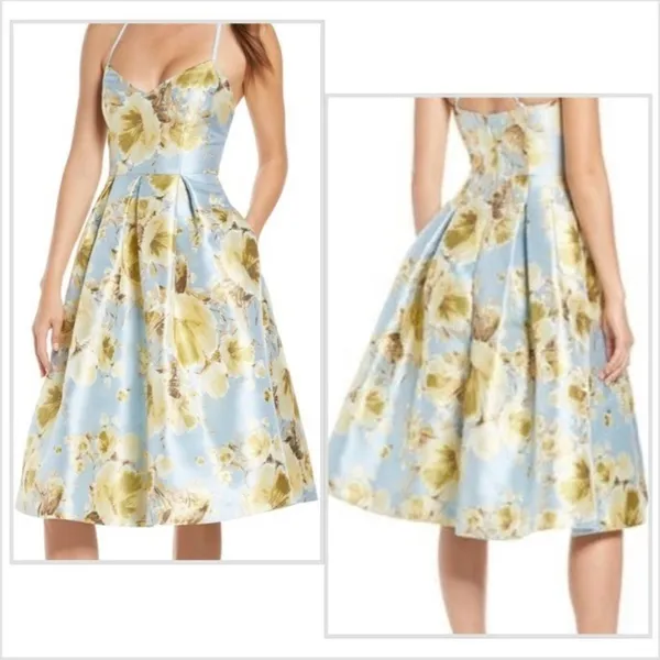 Eliza J Jacquard Brocade Floral Midi Flare Dress with Crisscross Straps - Image 2