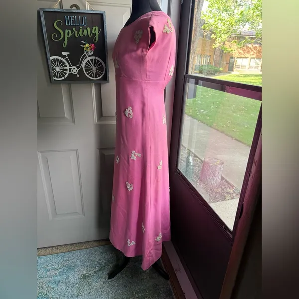 Vintage handmade 50/60s pink beaded cap sleeve formal maxi dress, size small - Image 12