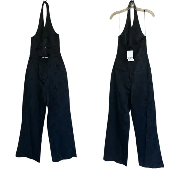 NWT Zara Black Viscose Jacquard Halter Vest Jumpsuit V-neckline Bloggers Fave - Image 8